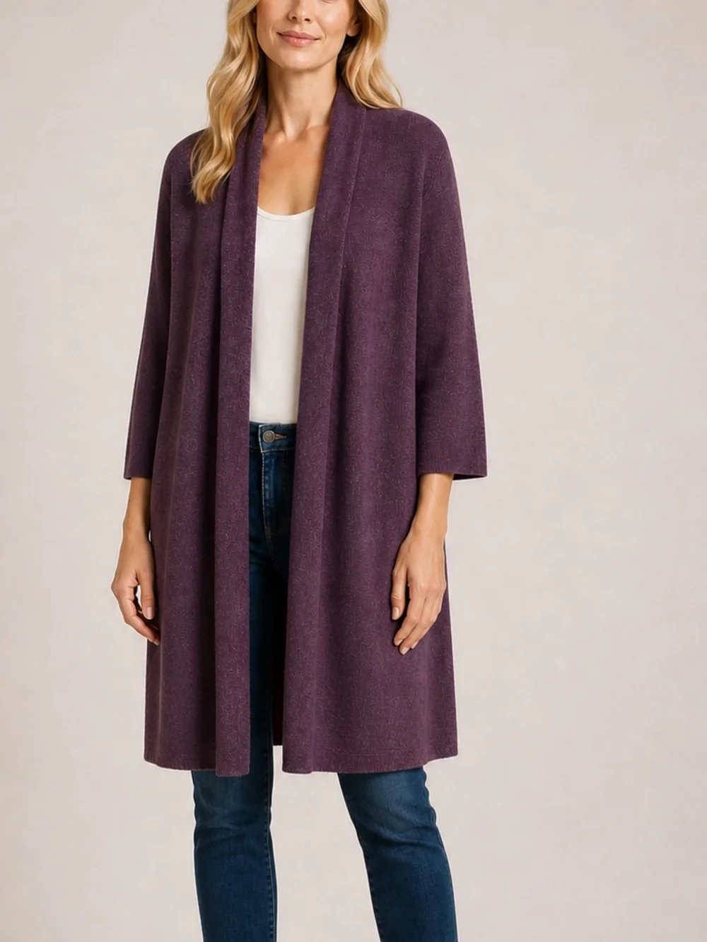 Peruvian Connection Baby Alpaca Silk Cardigan Plum Purple 3/4 sleeve Large